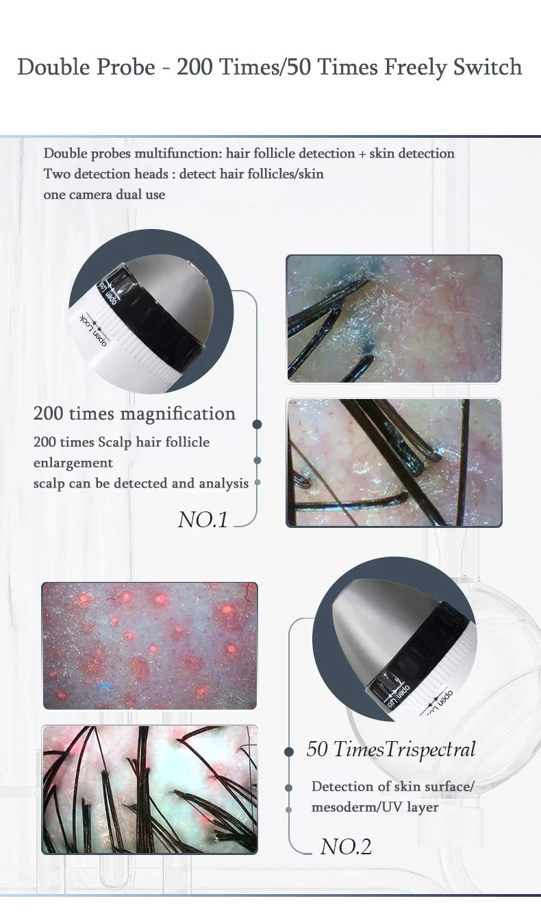 New WIFI HD 5G Scalp/Skin /Hair Follicle Detector Professional 50X/200X Skin Analyzer Rechargeable UV Testing Analysis Magnifier